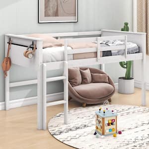 Distressed Style White Twin Size Wood Low Loft Bed with Hanging Clothes Racks, Built-in Ladder