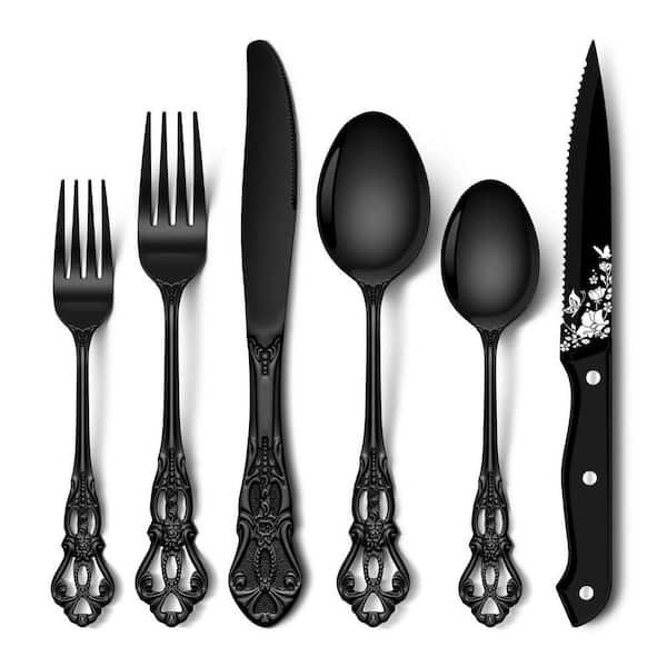 48 Piece Stainless Steel Mirror Finish Flatware Set with Serrated Steak Knife Black