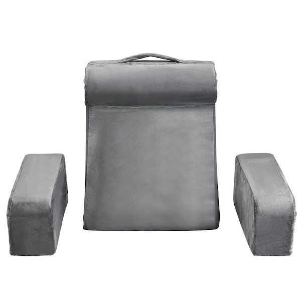 Reading Pillow, Backrest Support Pillow with Arm and 3 Pockets, Large Size, with Removable Headrest & 25D Sponge, Grey