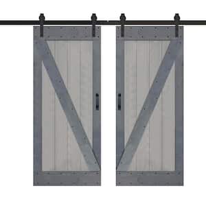 Z Series 72 in. x 84 in. French Gray/Dark Gray Finished DIY Knotty Pine Wood Double Sliding Barn Door with Hardware Kit