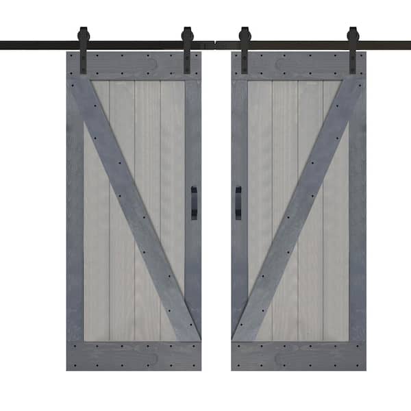 ISLIFE Z Series 36 in. W x 84 in. H x 2 Panels French Gray/Dark Gray Finished Solid Wood Sliding Door with Hardware Kit