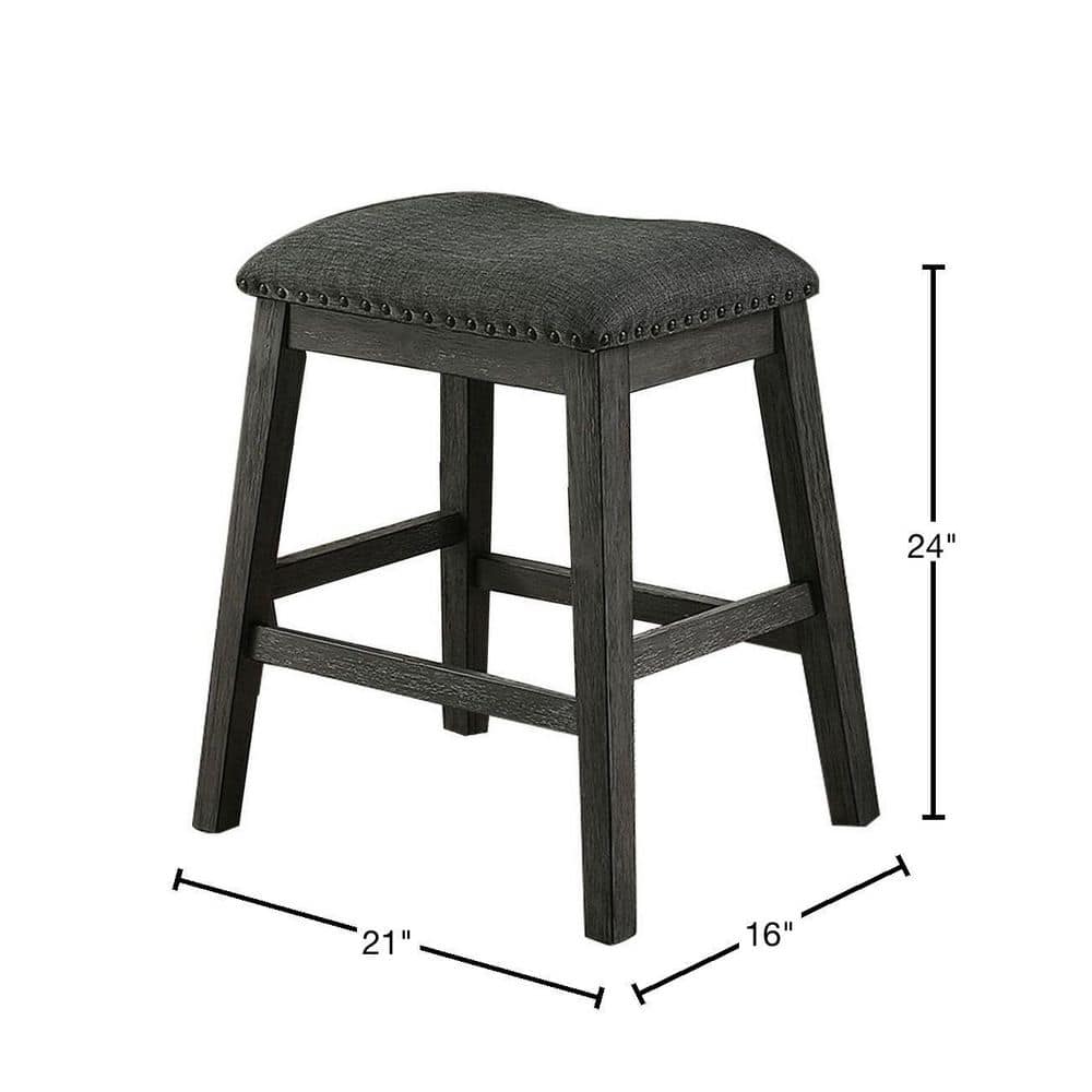 Gray Linen Upholstered Saddle Counter Stool with Nailhead Trim
