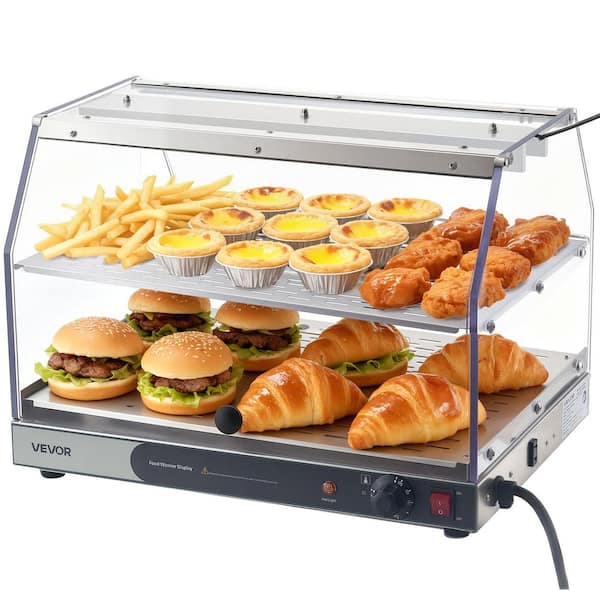 2-Tier Commercial Food Warmer Display, 450W Food Display Warmer with Light, Detachable Shelves and Double-Sided Door