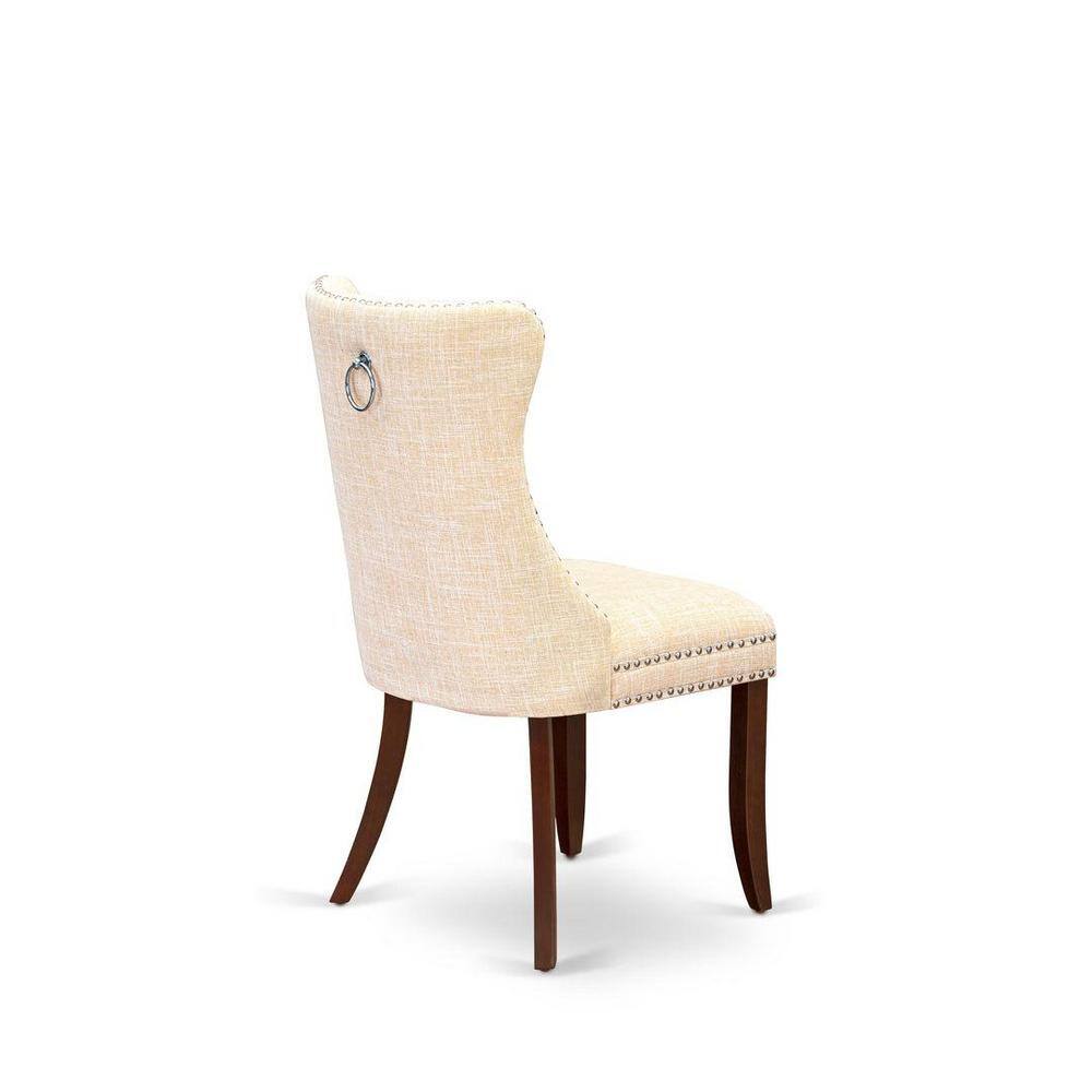 Mahogany Finish 3-Piece Round Dining Table Set with Beige Linen Chairs