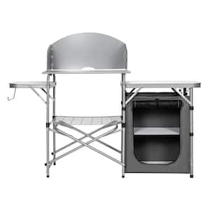 Portable Foldable Camping Table Outdoor BBQ Portable Grilling Stand in Silver with Windscreen Bag Chair