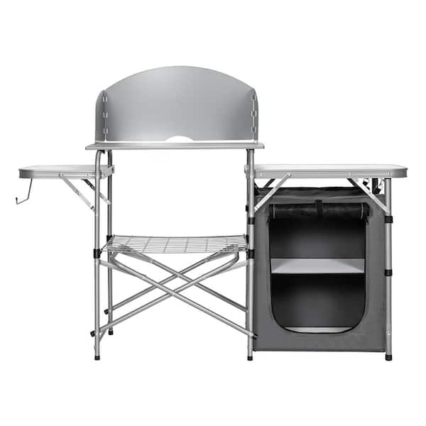 Costway Portable Foldable Camping Table Outdoor BBQ Portable Grilling Stand in Silver with Windscreen Bag Chair