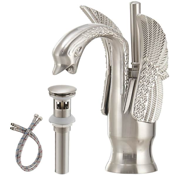 BWE Swan Single Hole Single-Handle Bathroom Sink Faucet with Pop Up Drain and Overflow Cover in Brushed Nickel