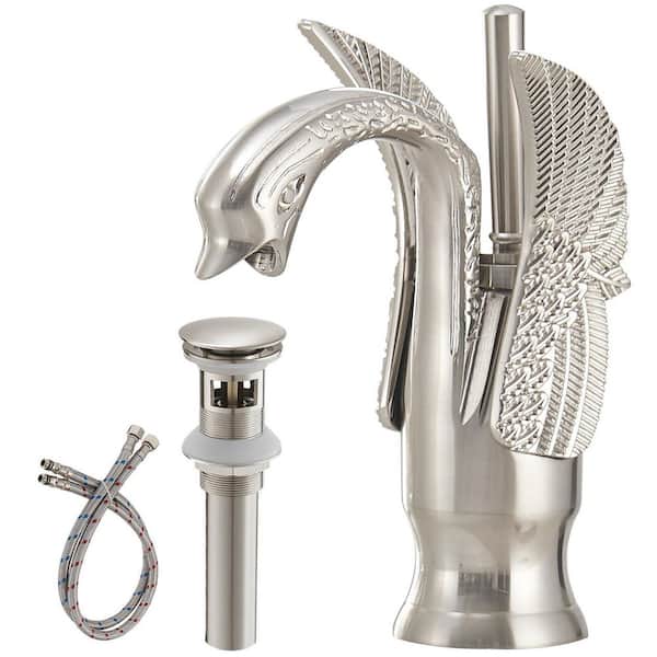 Swan Neck Single Handle Bathroom Faucet in Brushed Nickel with Pop-Up Drain