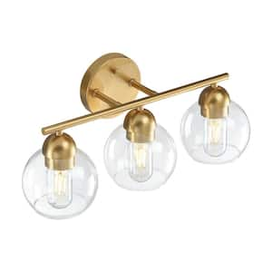 18.32 in. 3-Light Brass Bathroom Vanity Light with Clear Glass Shades