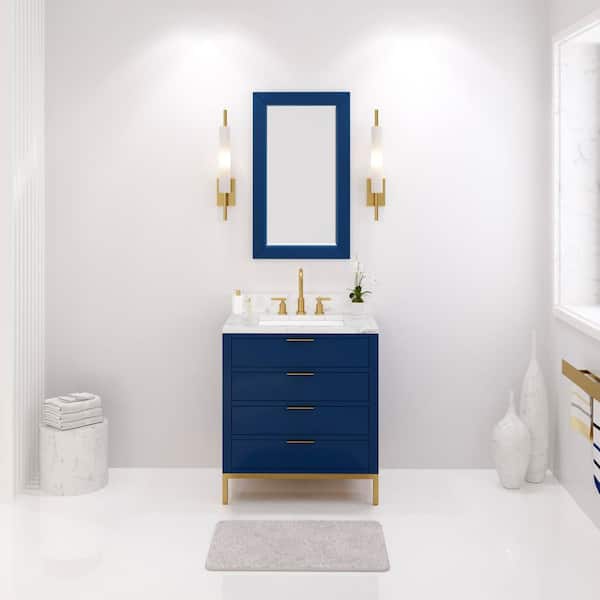 Water Creation Bristol 30 in. W x 21.5 in. D Vanity in Monarch Blue with Marble Top in White with White Basin and Grooseneck Faucet
