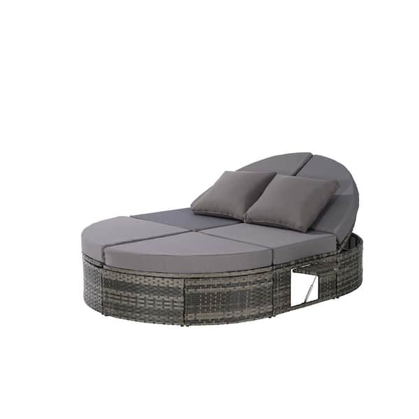Tenleaf Gray Wicker Outdoor Day Bed with Dark Gray Cushions, Pillows, Adjustable Backrests and Foldable Cup Trays