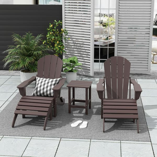Laguna (5-Piece) Outdoor Patio Classic HDPE Folding Adirondack Chair with Ottoman and Side Table Set in Dark Brown