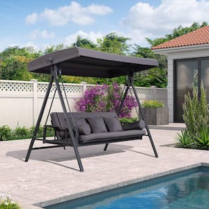 3-Seat Daybed Outdoor Porch Patio Swing Adjustable Backrest, Gray