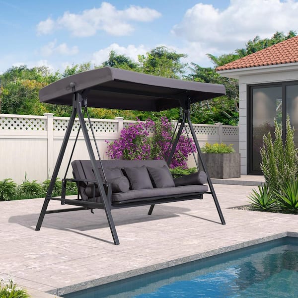3-Seat Daybed Outdoor Porch Patio Swing Adjustable Backrest, Gray