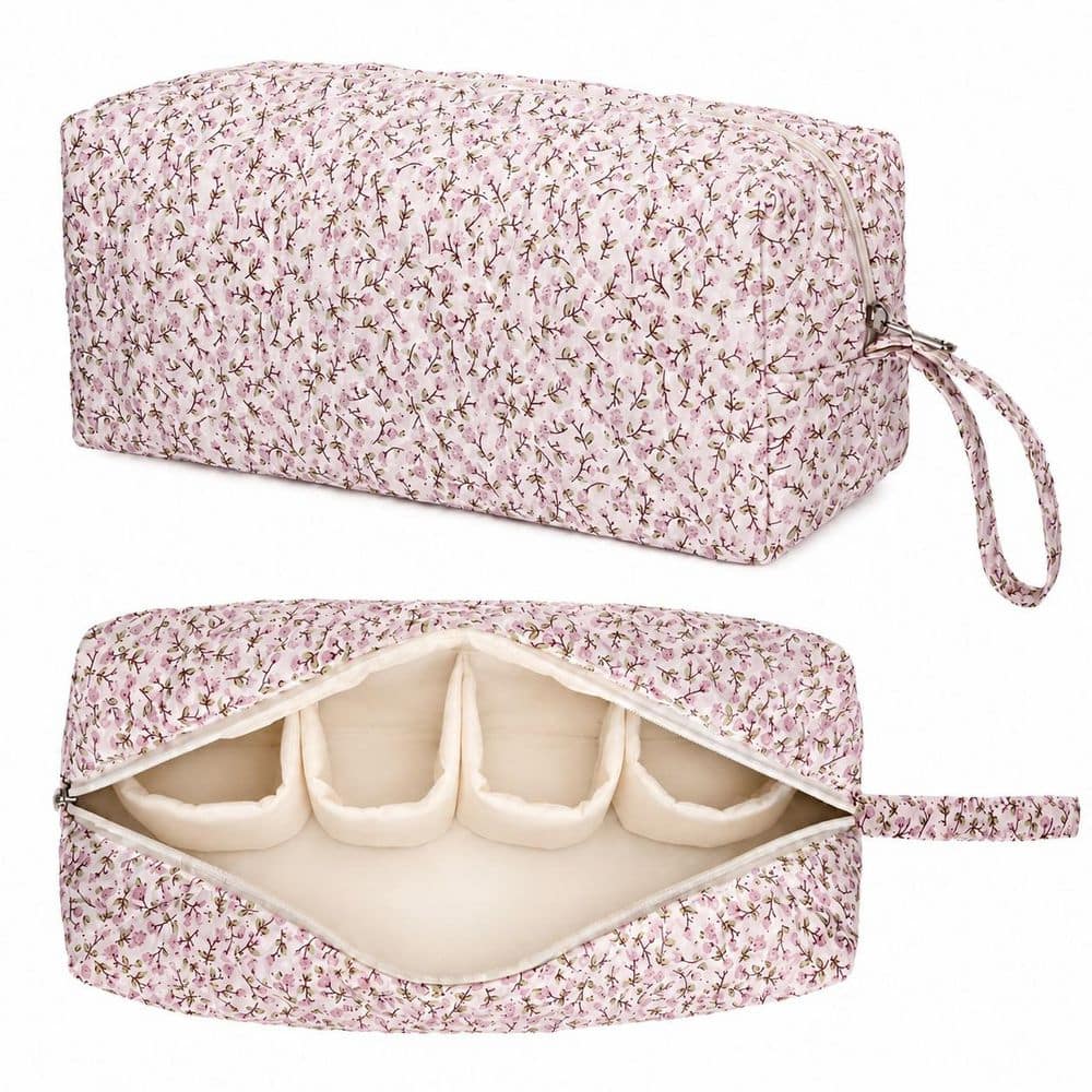 Portable Floral Hair Tool Organizer in Blue Pink Finish, Travel Case Compatible with Hair Dryer and Styler