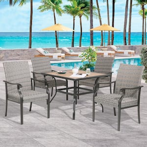 5-Piece Wicker Metal Outdoor Dining Set with 4 Wicker Dining Chairs and Square Wooden-Like Table