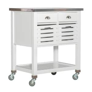 Hawthorn White Kitchen Cart with Two Drawers, Two Pull-Out Bins, Shelf, and Stainless Steel Top