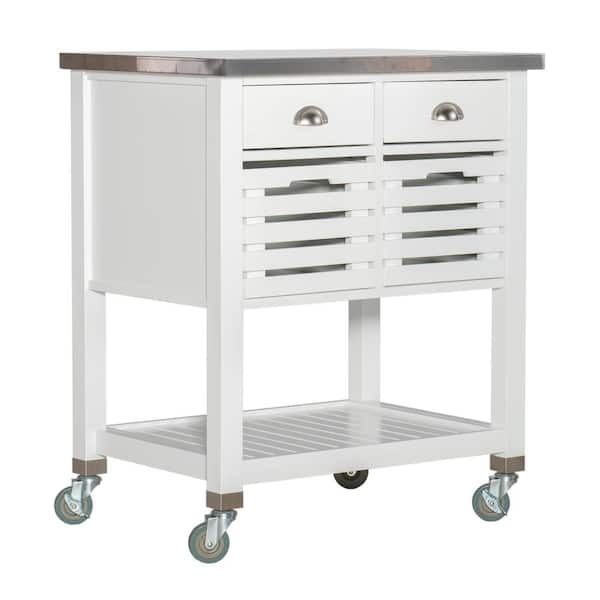 Linon Home Decor Hawthorn White Kitchen Cart with Two Drawers, Two Pull-Out Bins, Shelf, and Stainless Steel Top