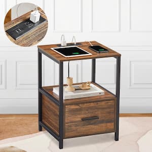 Nightstand with Charging Station End/Side Table with Storage Drawer, USB Portand Power Outlets, Night Stand, Brown