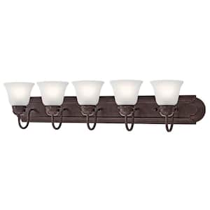 Independence 36 in. 5-Light Tannery Bronze Traditional Bathroom Vanity Light with Frosted Glass Shade