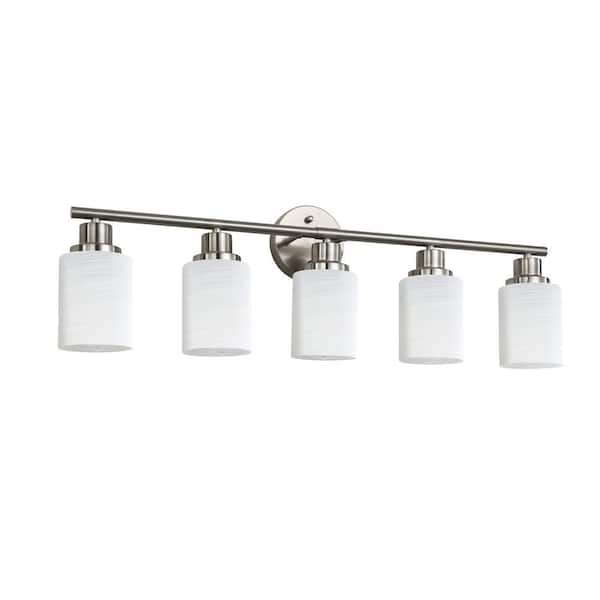 31.1 in. 5-Light  Nickel Vanity Light Fixture with White Glass Shades