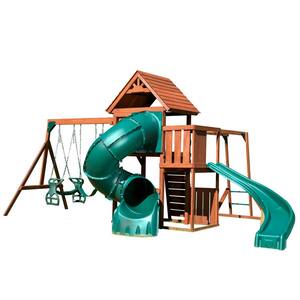 Grandview Twist Deluxe Complete Wooden Outdoor Playset with Slide, Dual Rider and Backyard Swing Set Accessories