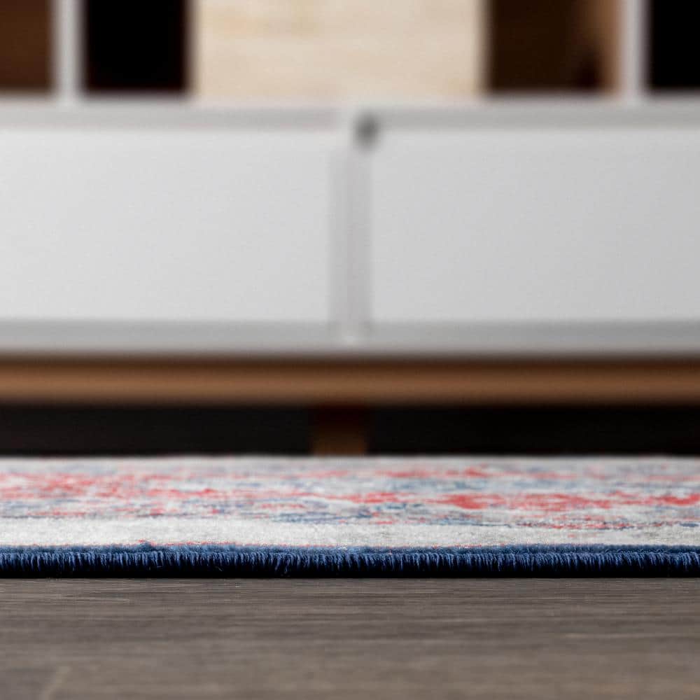 Navy and Red 4' x 6' Synthetic Moroccan Medallion Rug