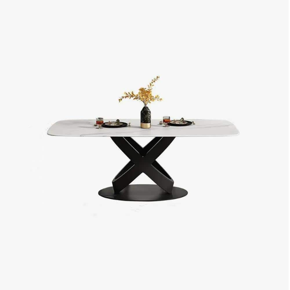 Modern 70.87 in. Rectangle Black White Sintered Stone Table with Solid Black Carbon Steel Base (Not Included Chairs)