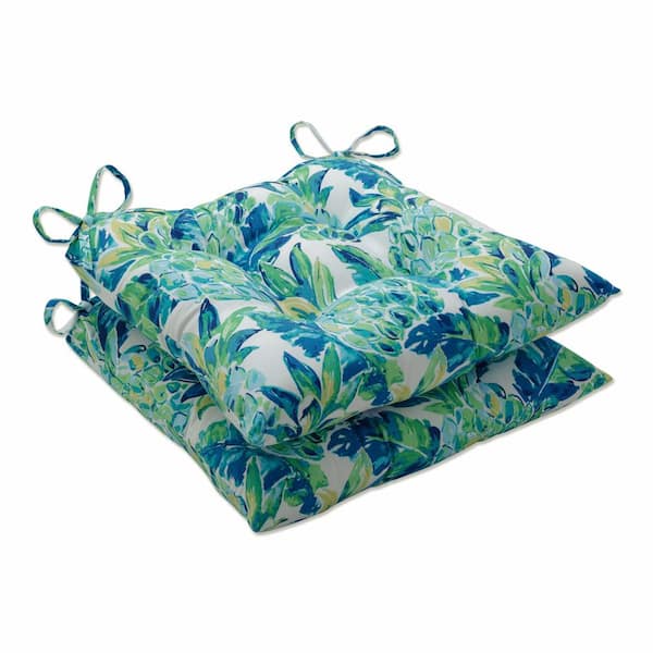 Pillow Perfect Floral 19 x 18.5 Outdoor Dining Chair Cushion in Blue/Green/White (Set of 2)