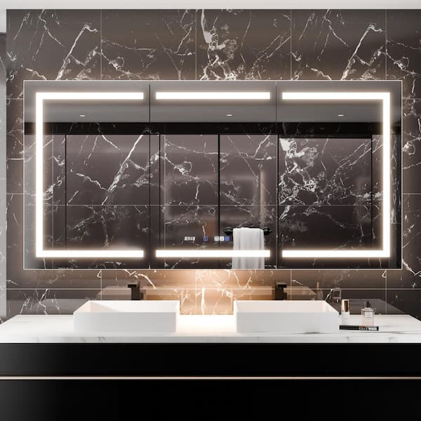 72 in. W x 36 in. H Rectangular Silver Aluminum Defogged Surface/Recessed Mount Dimmable Medicine Cabinet with Mirror