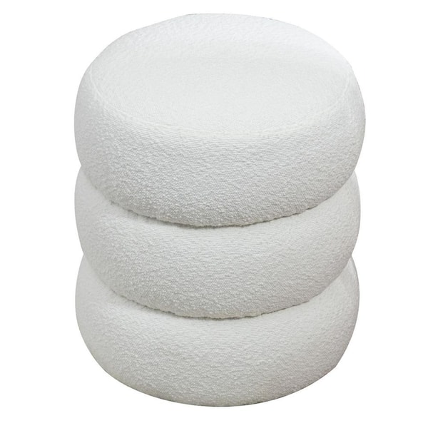Glamour Home Azaria White Boucle Fabric Round Tufted Ottoman GHOTM