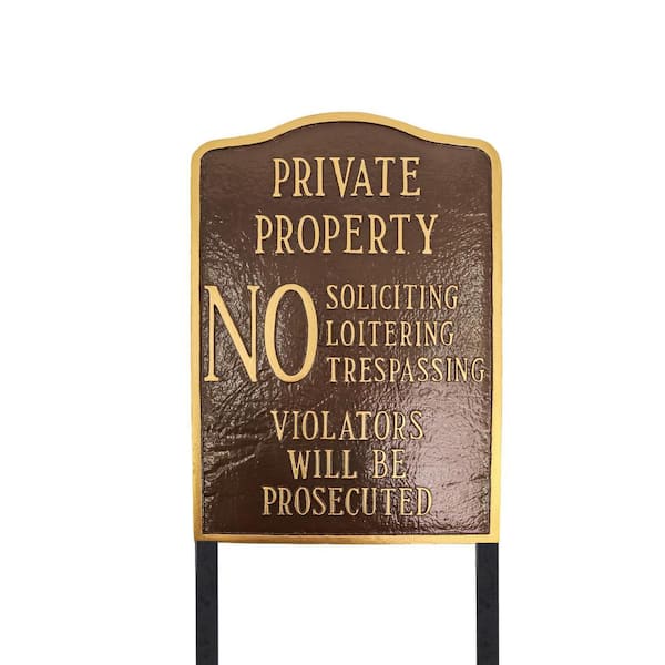 Montague Metal Products Private Property No Sign Arch Large Statement Plaque with 23 in. Lawn Stakes - Oil Rubbed/Gold