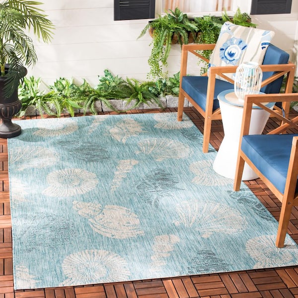 Courtyard Aqua/Cream 9 ft. x 12 ft. Geometric Indoor/Outdoor Patio  Area Rug