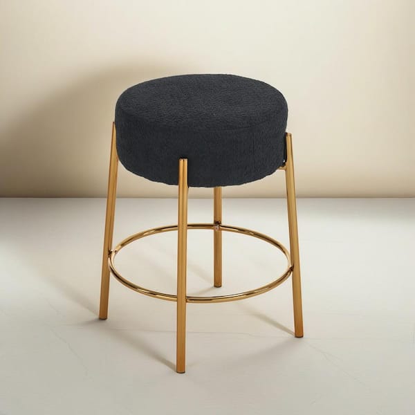 Noble House Gralis 23.81 in. H Black Backless Metal Round Upholstered Bar Stools, Teddy Fabric, Set of 2