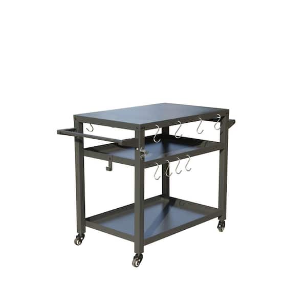 Unbranded Outdoor Black Metal Grill Carts Pizza Oven Table with 3-Shelf, Wheels and Hook
