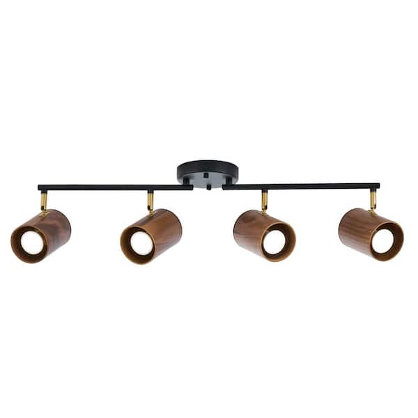 4-Light Matte Black Dark Wood GU10 Indoor Ceiling Track Lighting Kit with Brass Adjustable Swivels