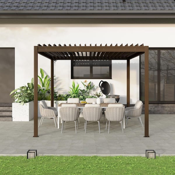 10 ft. x 10 ft. Aluminum Frame Louvered Pergola with Adjustable Roof, Efficient Drainage System in Brown