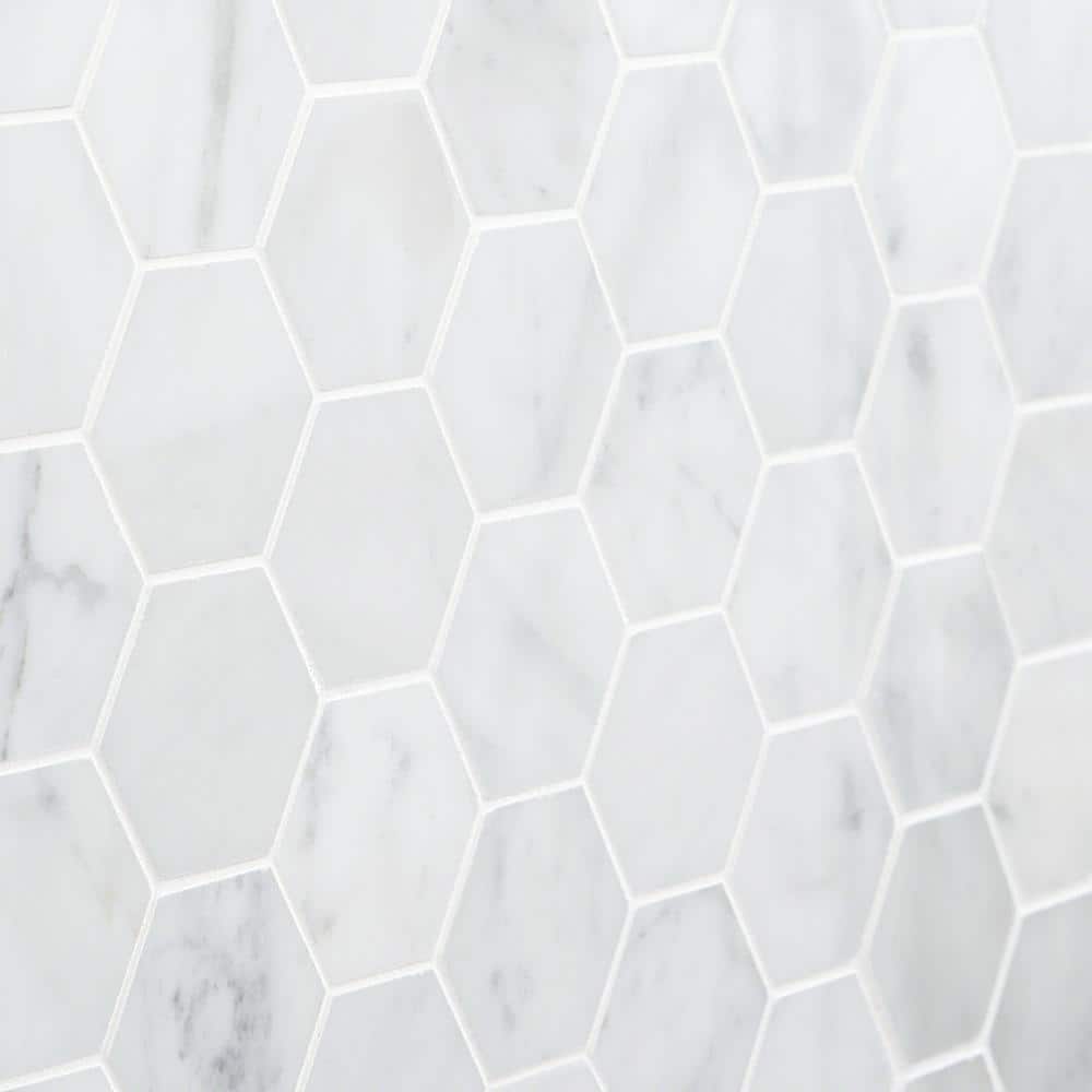 White Carrara 2" Hexagon Polished Marble Mosaic Tile