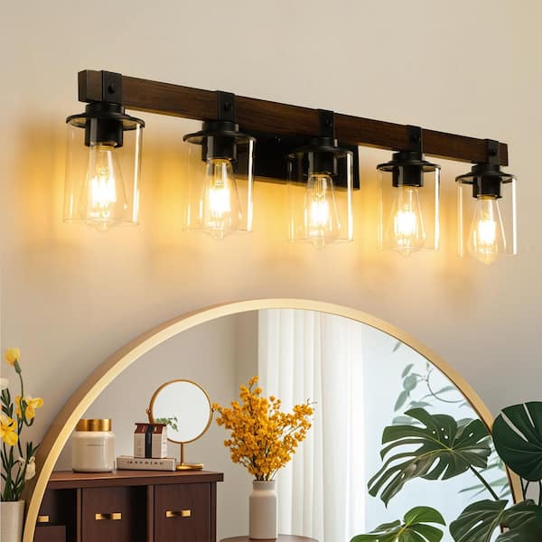 Farmhouse 34.6 in. 5-Light Walnut and Black Bathroom Vanity Light with Glass Shade