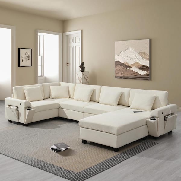 Harper & Bright Designs 128 in. Chenille Sectional Sofa in Off White with Oversized Ottoman, Hidden Armrest Storage, Cup Holders, USB Ports