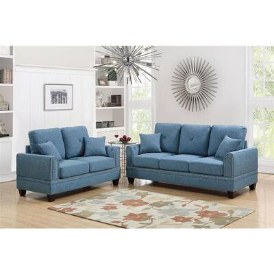 2-Piece Blue Cotton Blended Fabric Sofa Set