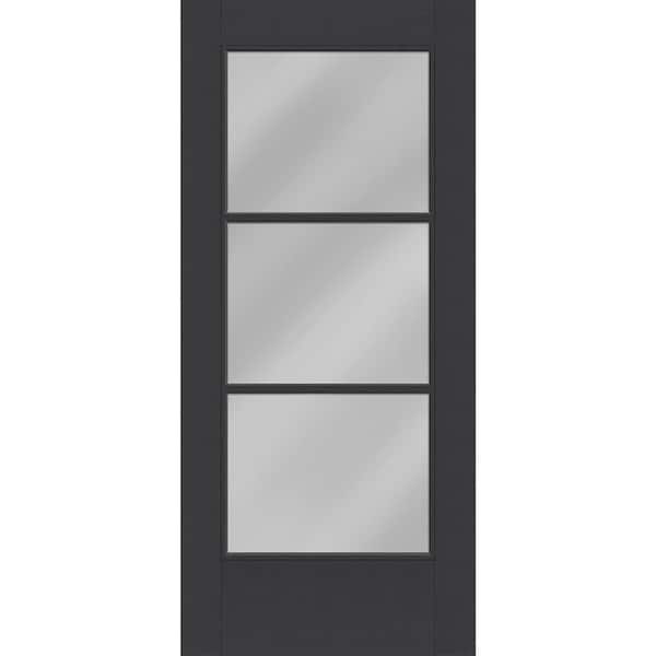 Legacy 32 in. W. x 80 in. Universal Handing Icon 3 Lite Modern Clear Glass Black Fiberglass Front Door Slab