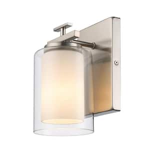 Lisbon 1-Light Brushed Nickel Wall Sconce Light Fixture with Clear Glass Outer and Opal Glass Inner Shade