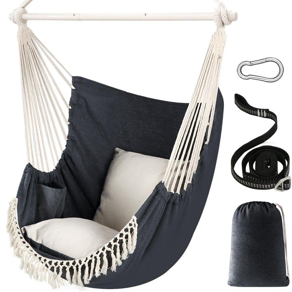 4.3 ft. Hammock Chair, 500 Lbs Max Hanging Swing with 2 Cushions, Metal Spreader Bar, Side Pocket, Black
