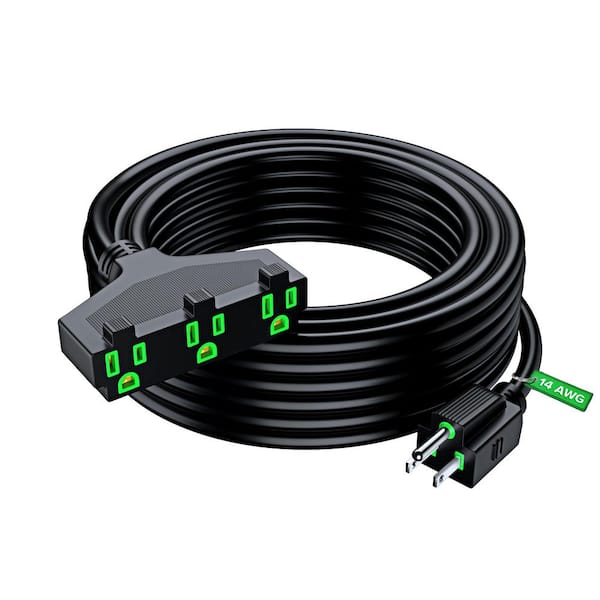 50 ft. 14 / 3 Medium / Heavy Duty Indoor T-Shaped Extension Cord 3-Outlet 15 Amps Black