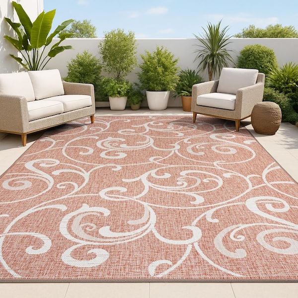 Maribel Traditional Classic All-Over Scroll Salmon/Cream 8 ft. x 10 ft. Indoor/Outdoor Area Rug
