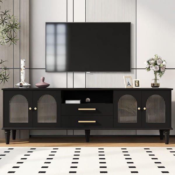 68.9 in. Black TV Stand Fits TVs Up to 75 in. with 2 Drawers and 5 Wood Legs