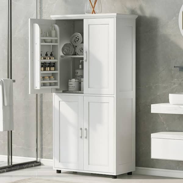 Tenleaf 31 in. W x 16 in. D x 62 in. H White MDF Freestanding Linen Cabinet with Adjustable Shelf and Storage Rock