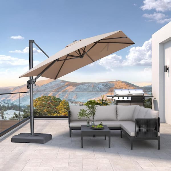 PURPLE LEAF 8 ft. Square Outdoor Patio Cantilever Umbrella Aluminum Offset 360° Rotation Umbrella with Base, Beige