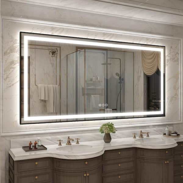 KIOTEE 88 in. W x 38 in. H Rectangular Framed Front and Back LED Lighted Anti-Fog Wall Bathroom Vanity Mirror in Tempered Glass
